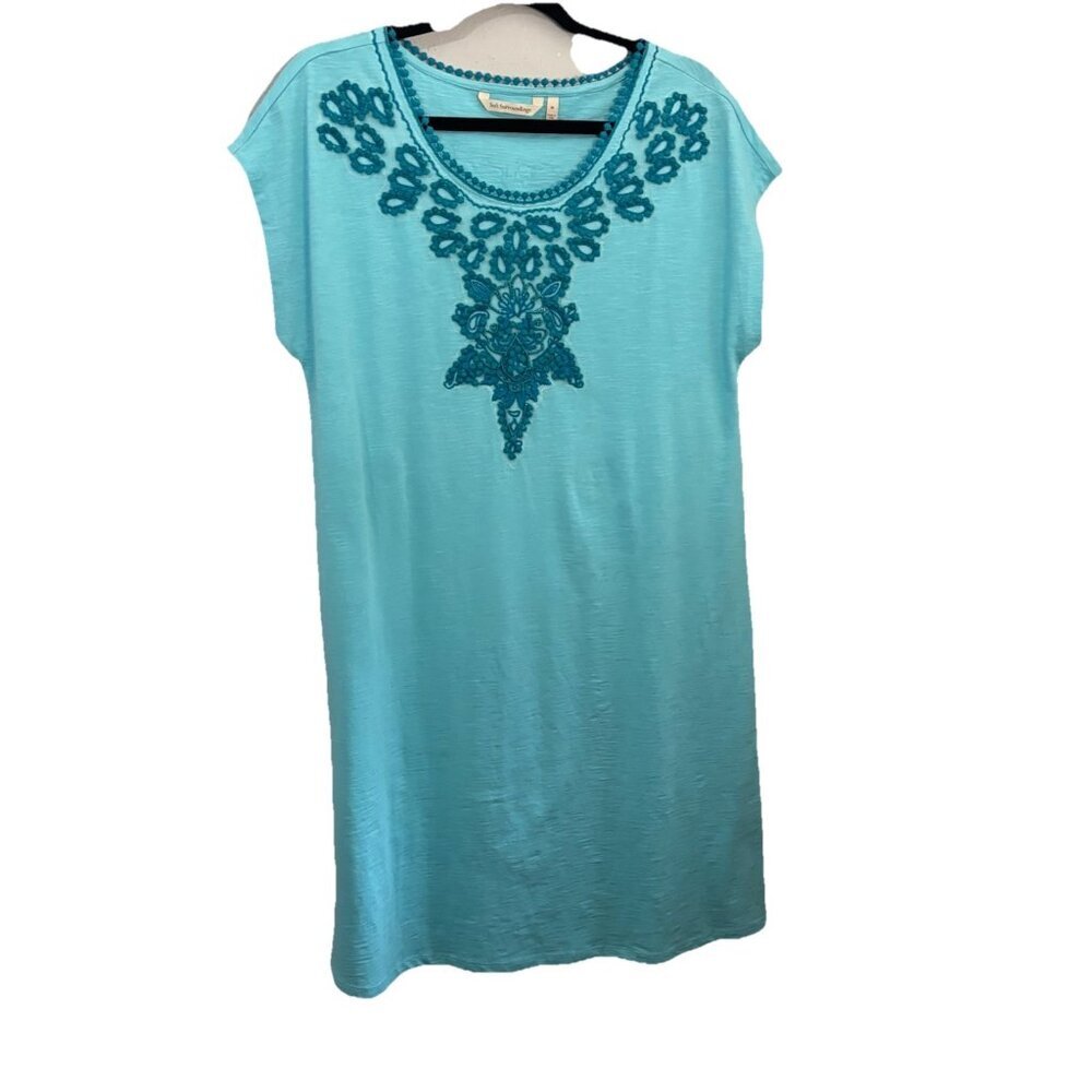 Soft Surroundings Aqua Blue Embroidered Dolman Sleeve Shift Tee Dress Size M